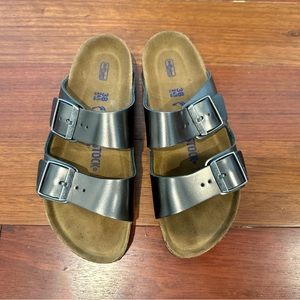 Birkenstock Arizona Soft Footbed Leather Sandal, Metallic Anthracite, Size 38